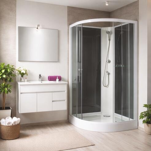 Cabine de douche Gena 90x90 cm quart de cercle - Verre trempé - Receveur ABS - Profilés blancs